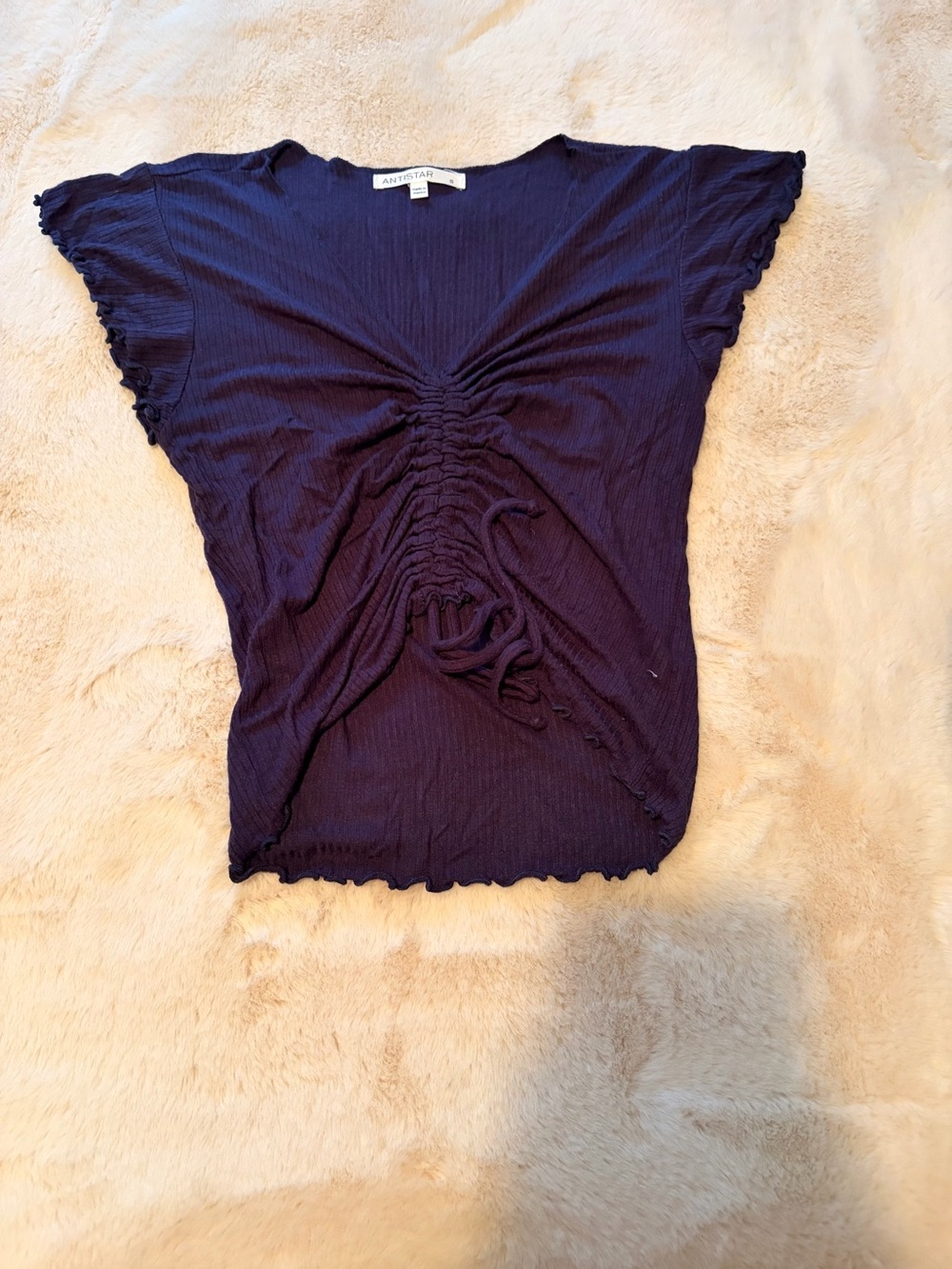 Antistar Purple Ruched Drawstring Top Ruffle Lettuce Trim Women’s Small